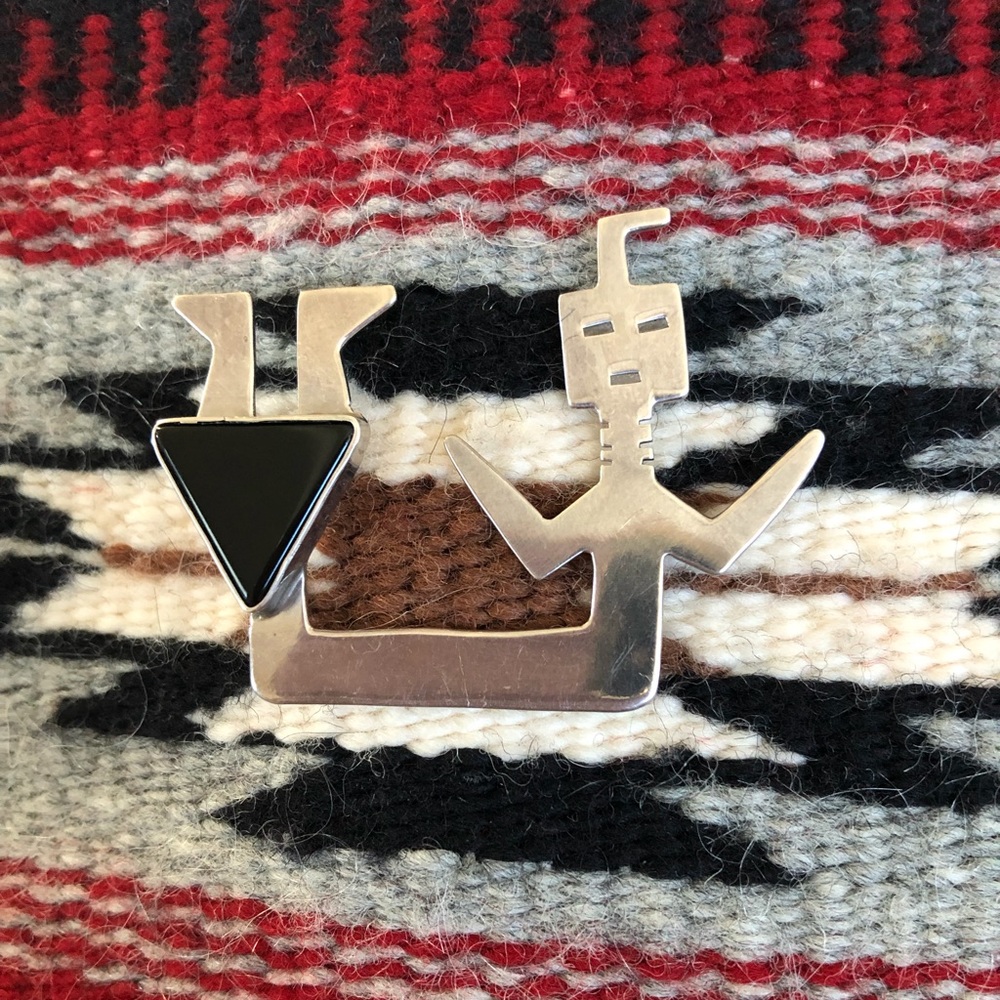 Sterling and Onyx Navajo Yei Broach Pin